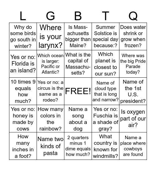 For each square, enter the correct answer Bingo Card