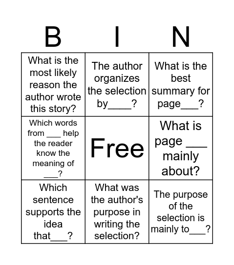 Reader's Response Bingo Card