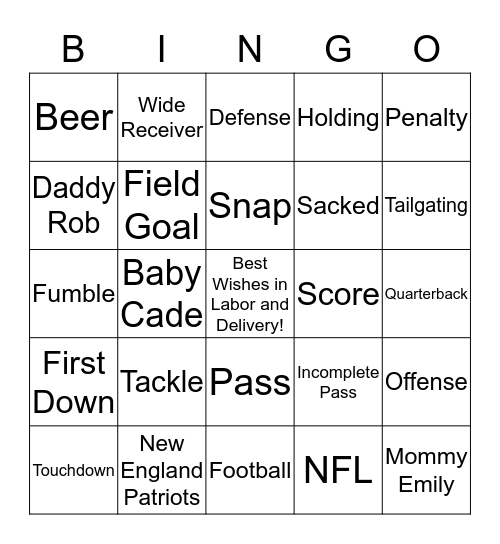 Emily and Rob's Superbowl Labor and Delivery Bingo Card