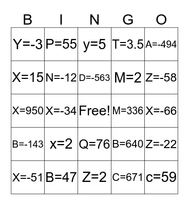 MATH BINGO Card