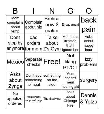 Dinner Bingo Card