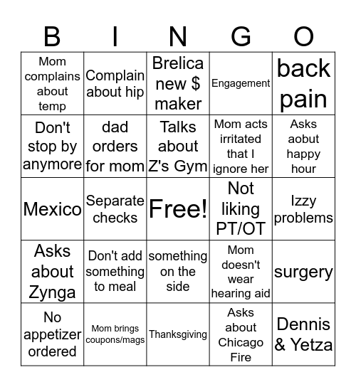 Dinner Bingo Card