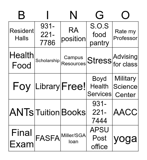 College Stress Bingo Card