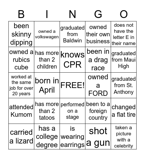 DO NOT USE THE SAME NAME MORE THAN ONCE Bingo Card