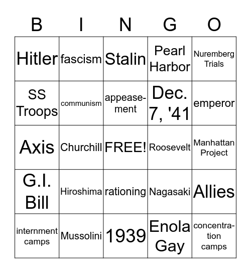 WORLD WAR II Bingo Card