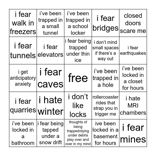 cleithrophobia Bingo Card