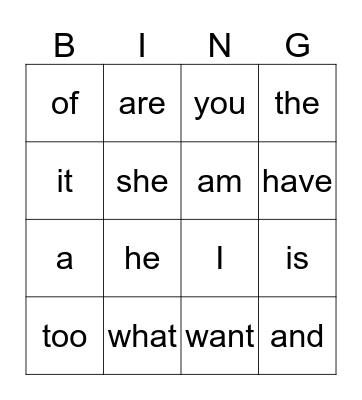 Sight words Bingo Card