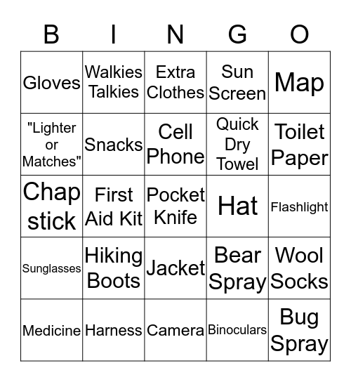 Hiking Gear Bingo Card