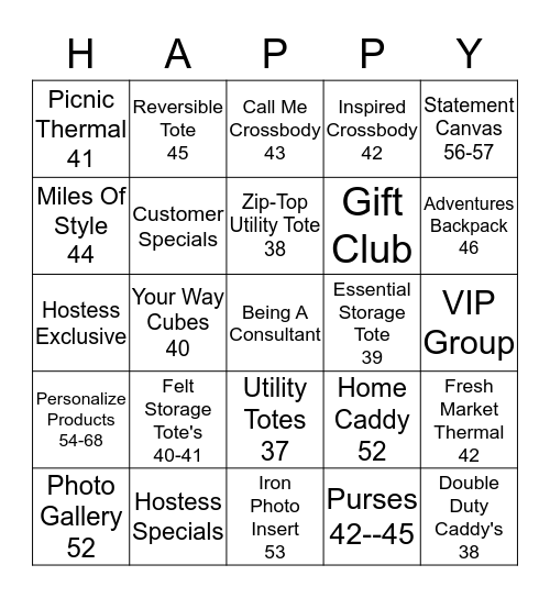 Thirty-One Bingo Card