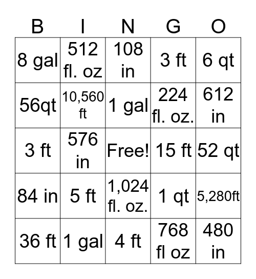 Measurement Bingo  Bingo Card