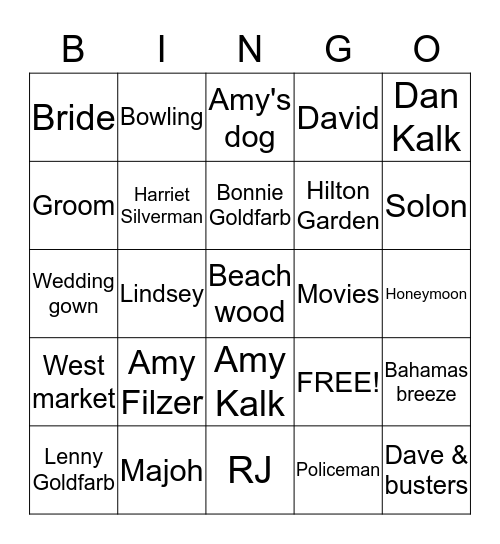 Bridal Bingo Card