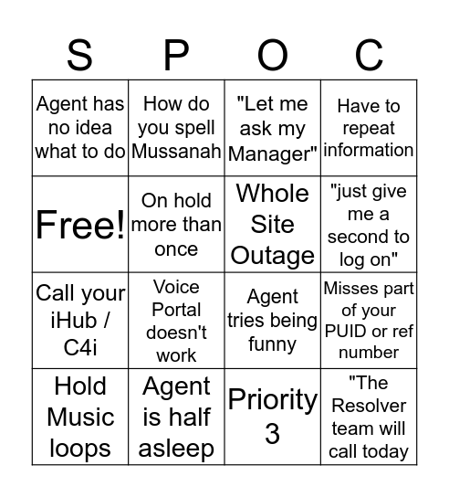 SPOC Bingo Card