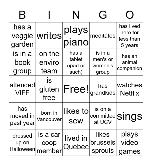 Vancouver Unitarians Bingo Card