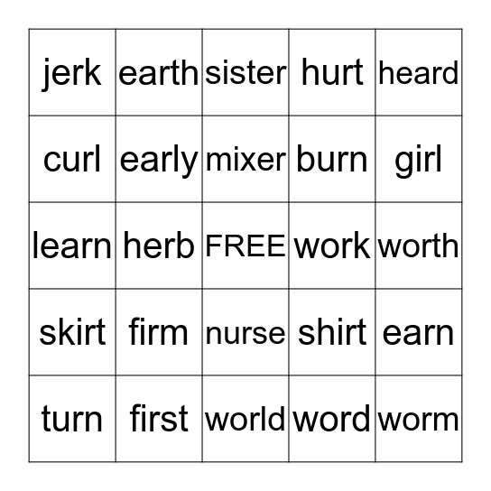 er ir ur ear sounds Bingo Card