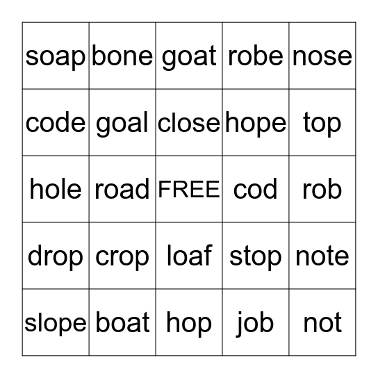 long & short "o"  sounds  Bingo Card