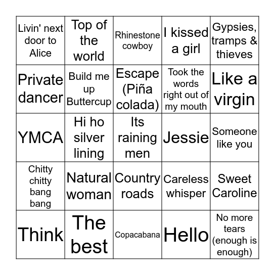 Spice's Jukebox Bingo! Bingo Card