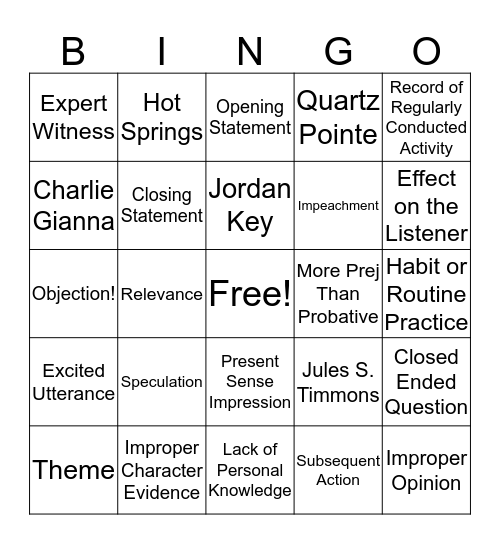 Mock Trial Bingo Card