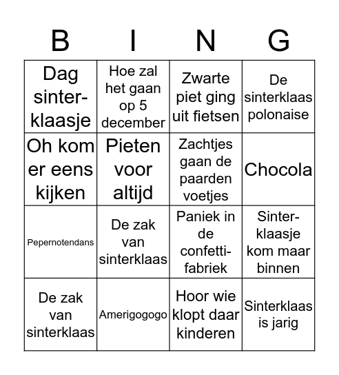 Sinterklaasliedjes Bingo Card