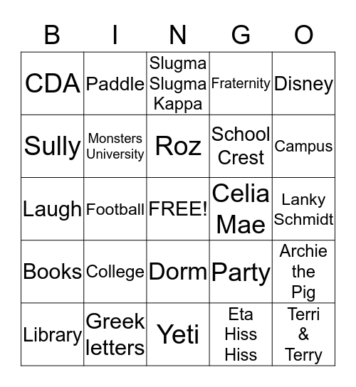 Monster's University Bingo Card