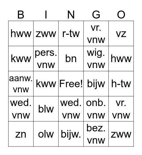 A2 woordsoorten H1-3 Bingo Card