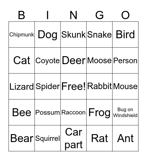 Roadkill Bingo Card