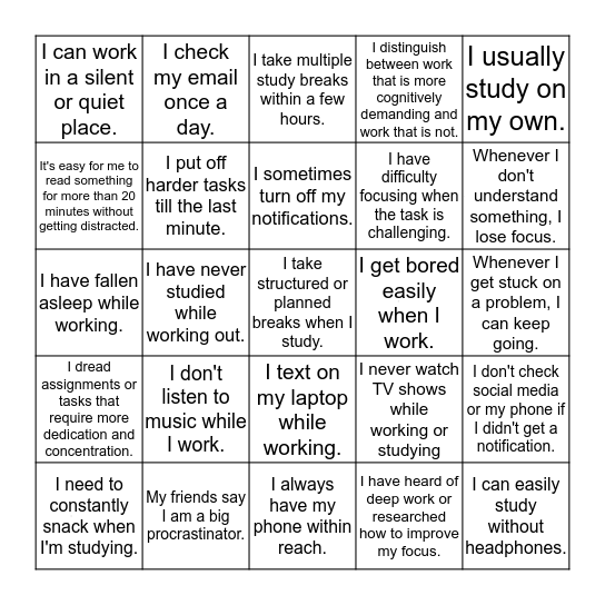 How (bad) is your concentration? Bingo Card
