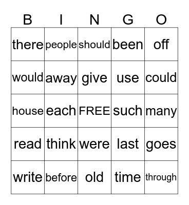 Sight Word Bingo Card