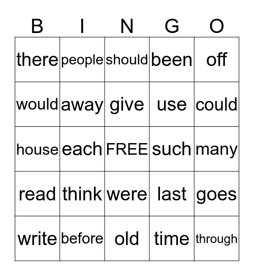Sight Word Bingo Card