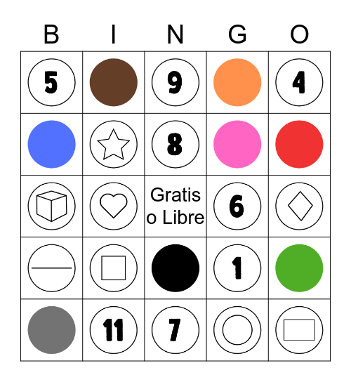 Spanish Numbers, Colors and Shapes Bingo Card