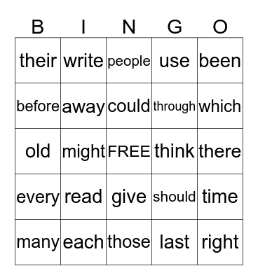 Sight Word Bingo Card