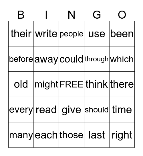 Sight Word Bingo Card