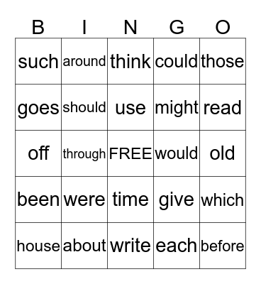 Sight Word Bingo Card