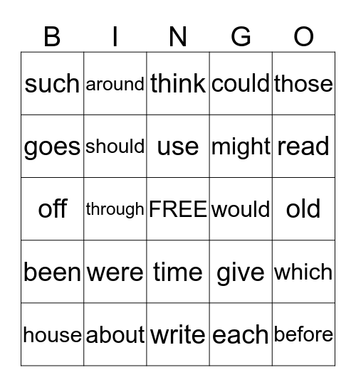 Sight Word Bingo Card