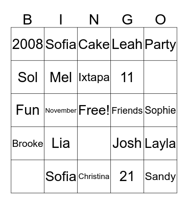 Layla's Birthday Bingo Card