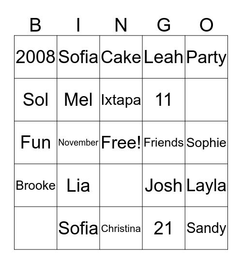 Layla's Birthday Bingo Card