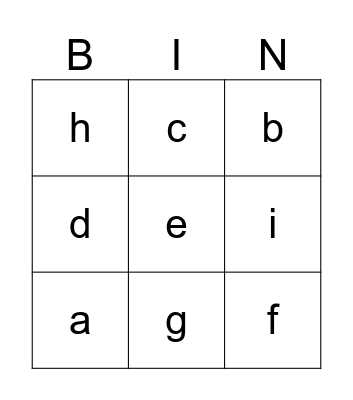 Letters a-i Bingo Card