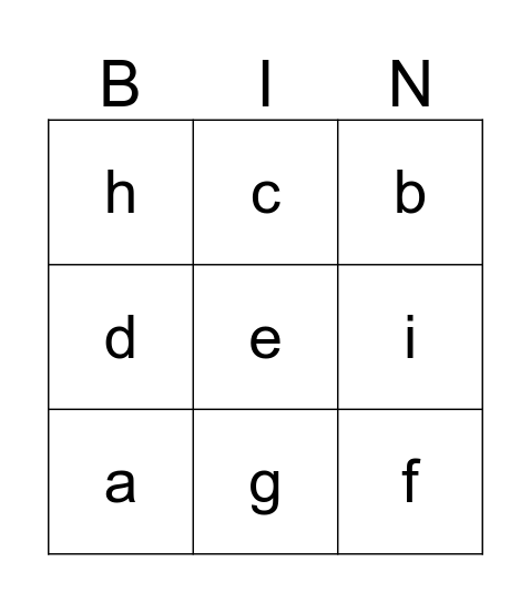 Letters a-i Bingo Card