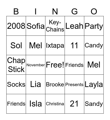 Layla's Birthday Bingo Card