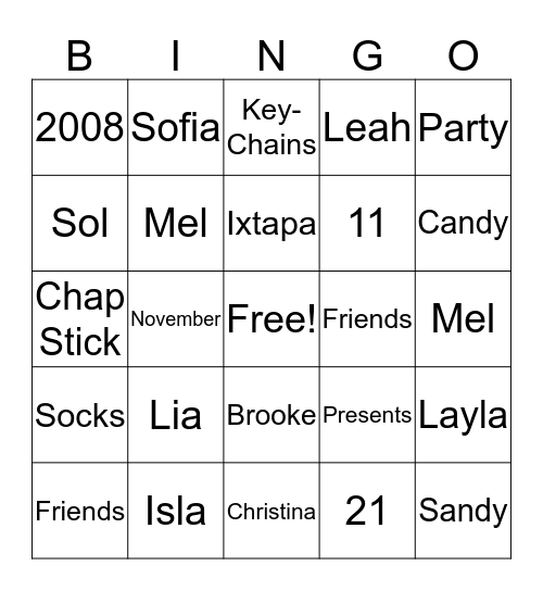Layla's Birthday Bingo Card