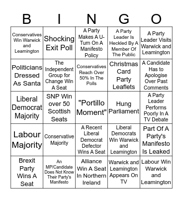 December 2019 General Election Bingo Card