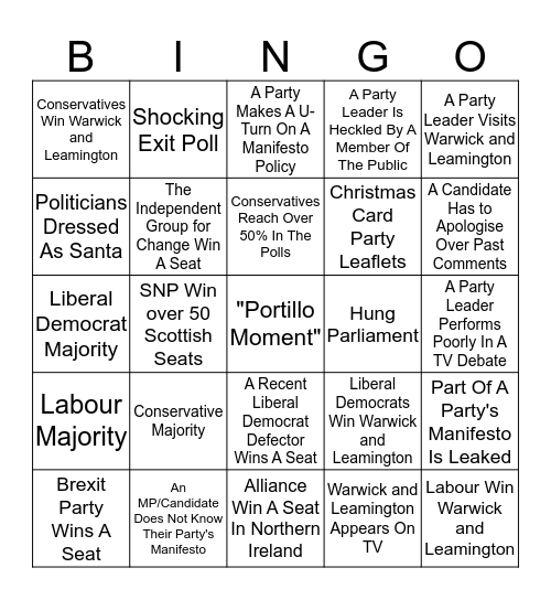 December 2019 General Election Bingo Card