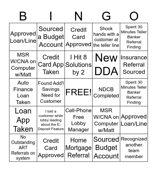 Friday Banker Bingo!!!! Bingo Card