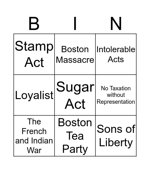Causes of the American Revolution Bingo Card