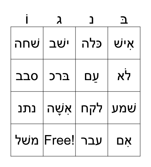 Unit #4 (Chayei Sara) Chumash Vocabulary בִּנְגוֹ Bingo Card