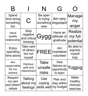 Self-Esteem Bingo Card