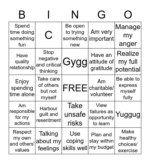 Self-Esteem Bingo Card