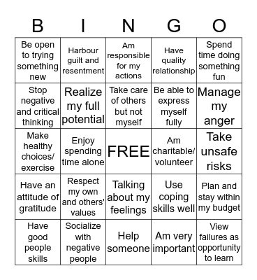 Self-Esteem Bingo Card