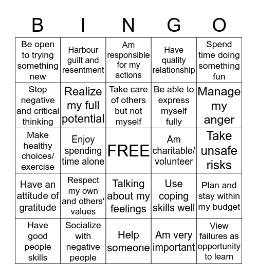 Self-Esteem Bingo Card