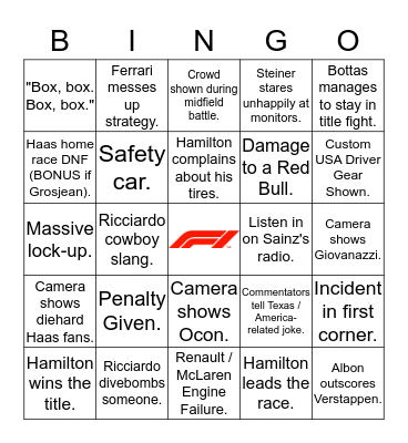Formula 1 United States Grand Prix Bingo Card