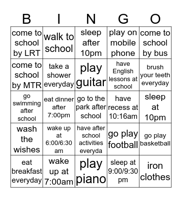 Daily Activities Bingo Card
